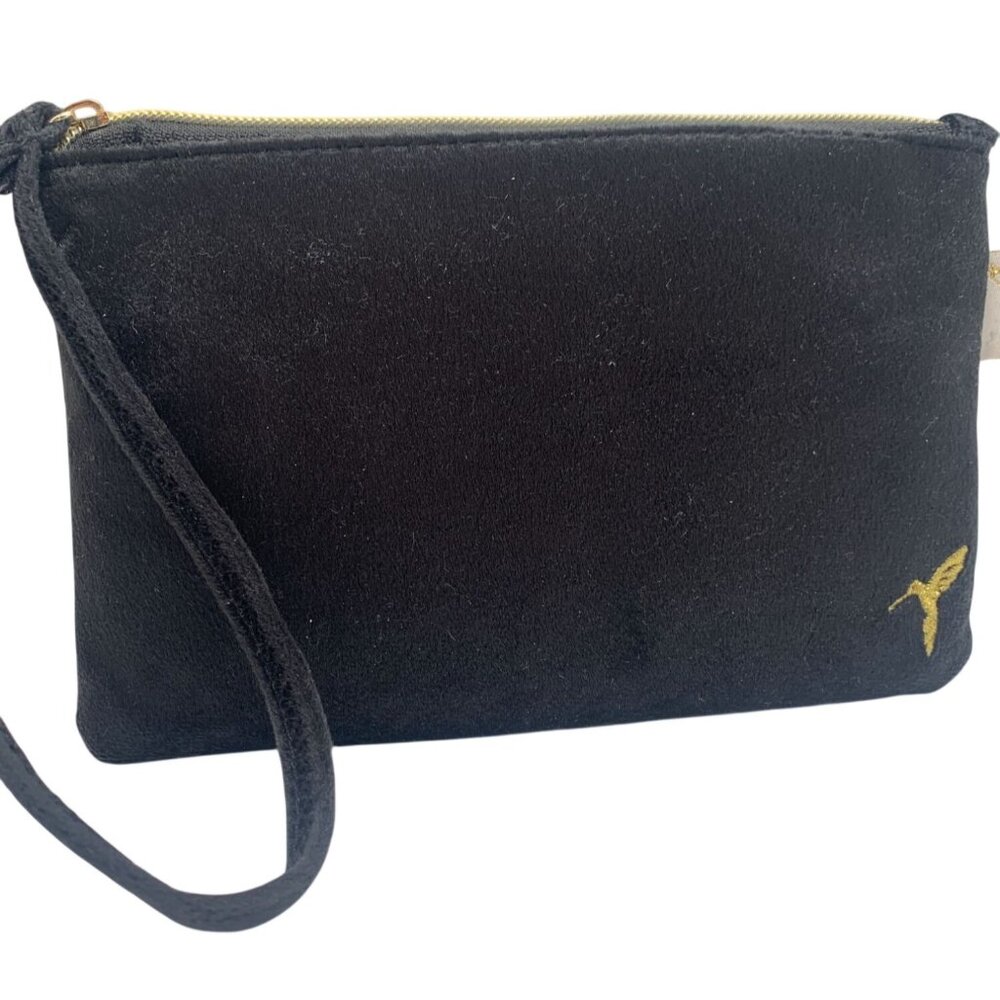 Black Velvet Wristlet Pouch With Gold Hummingbird Embroidery & Zipper Closure